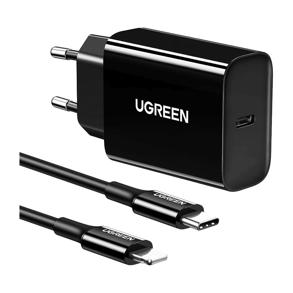 Încărcător Ugreen USB Type-C, 20W si cablu USB Type-C – Lightning, Negru
